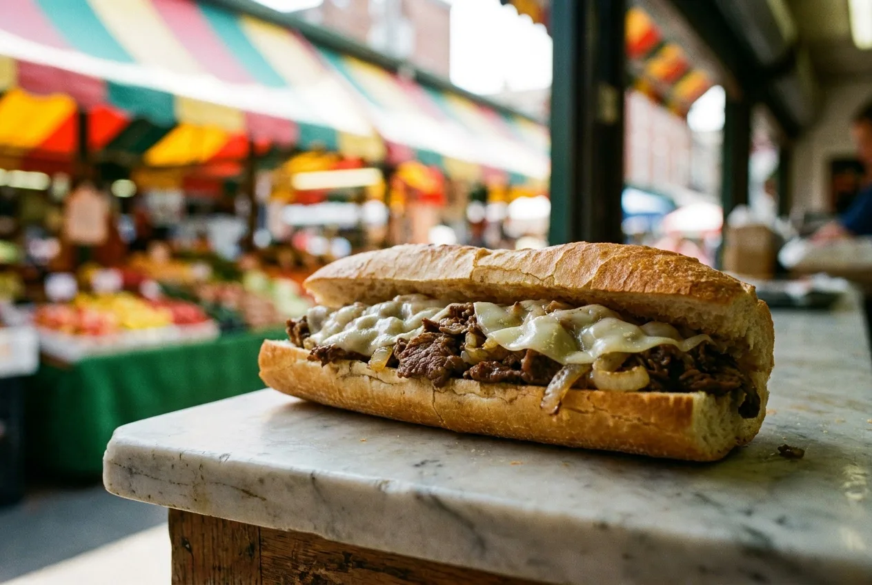 A cheesesteak on a long roll at an Italian Market counter