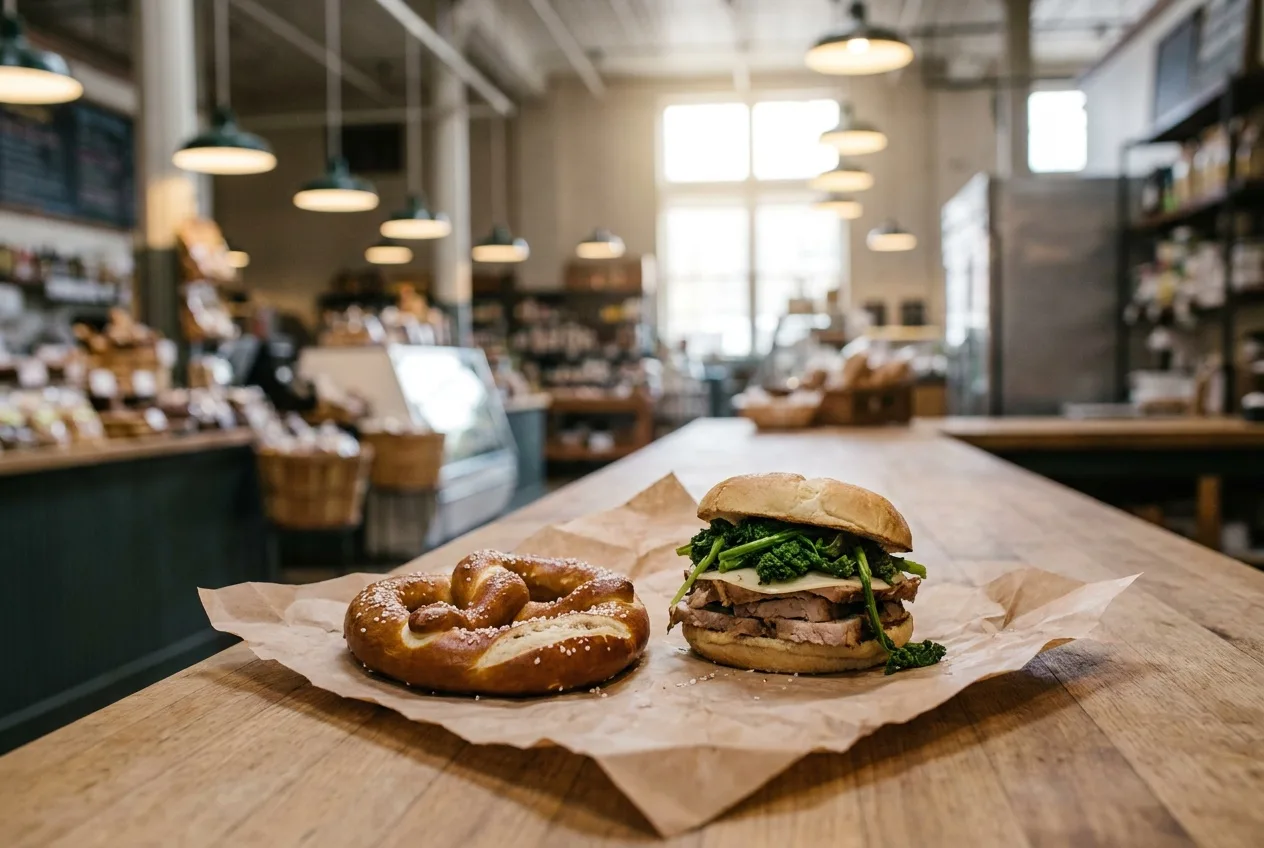 A soft pretzel and roast pork sandwich at a bustling indoor market counter