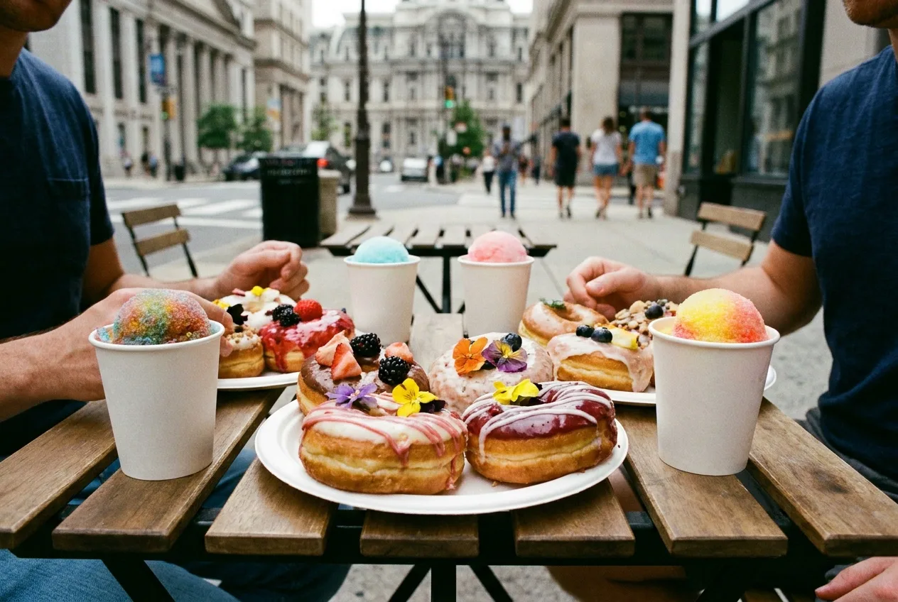 Assorted fancy donuts and cups of water ice on a Center City cafe table