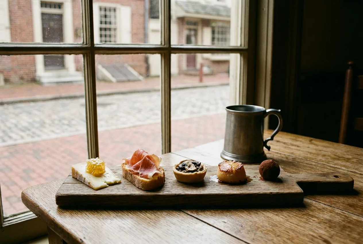 A tasting board of five small bites on a colonial-era wooden table