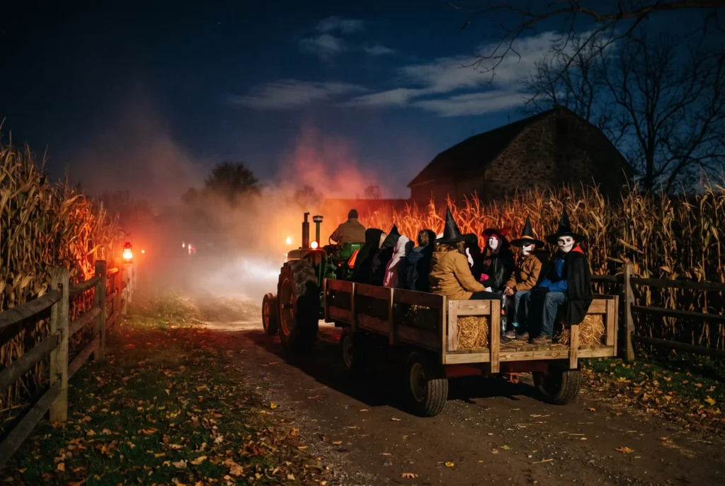 A tractor pulling a wagon of costumed visitors along a dirt lane between a dry corn field and bare autumn trees at night, fog lit red and orange near an old stone barn