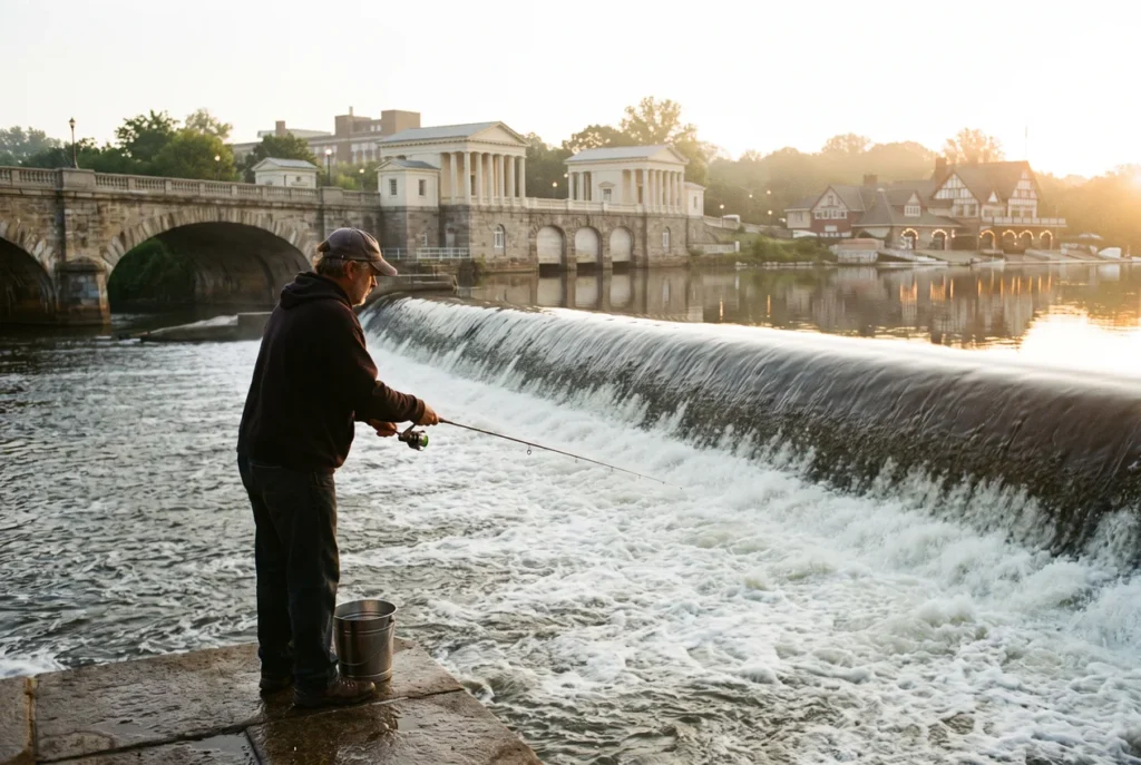 An angler on the stone bank of the Schuylkill below Fairmount Dam at sunrise, rod out, the Water Works and Boathouse Row lights behind