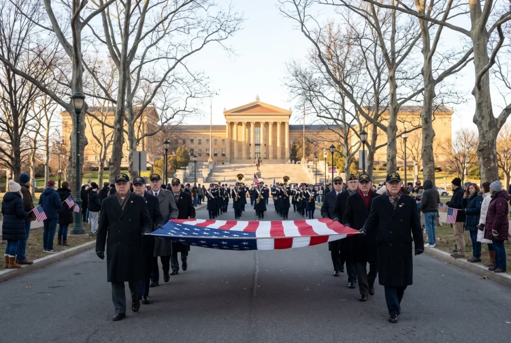 Veterans in unit ball caps marching up the Benjamin Franklin Parkway in Philadelphia on a clear November day, the Art Museum ahead and spectators with small American flags on the kerb